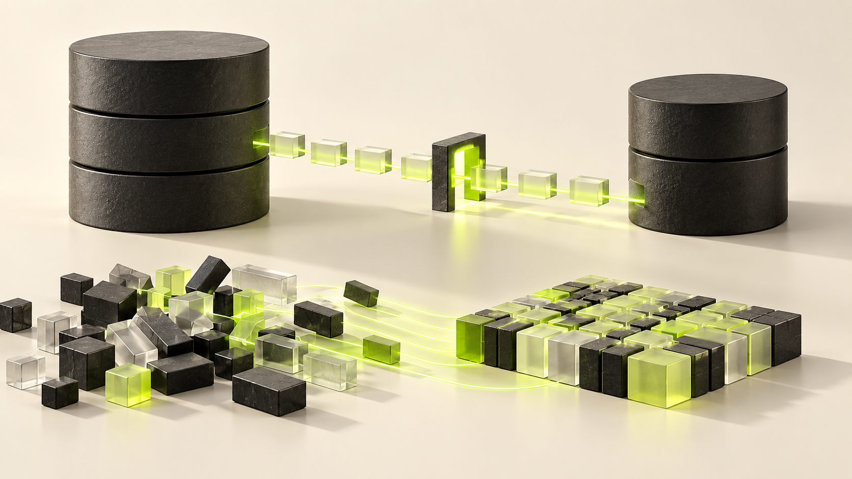 Two database cylinders linked by an ordered lime data path beside neatly reorganized storage blocks.