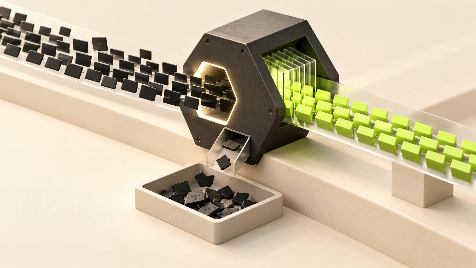 Byte tiles pass through a charcoal gateway, with lime validated output and malformed tiles diverted aside.