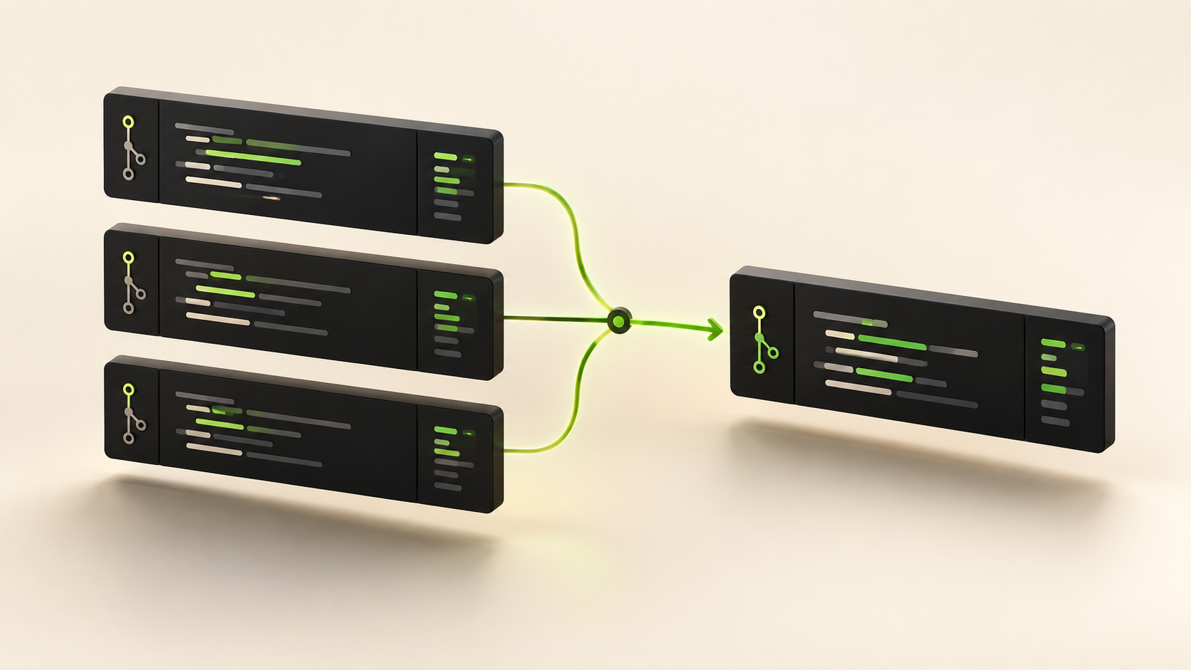 Three layered code review panels joined by a lime branching path on an ivory surface.